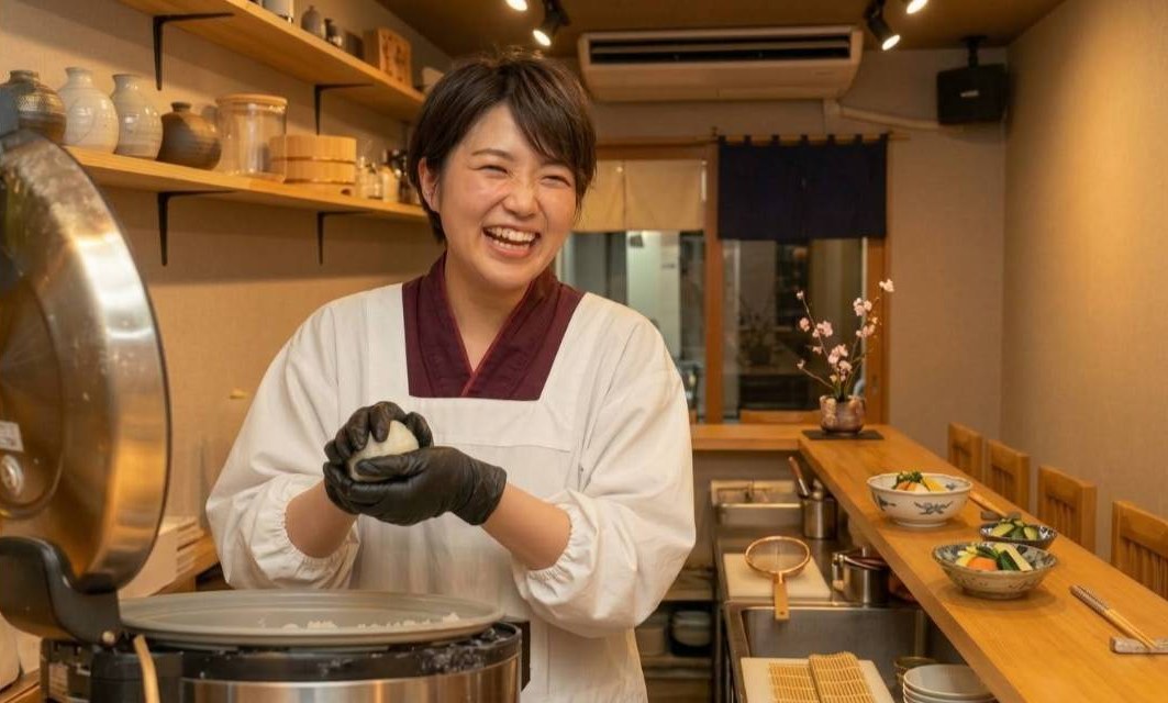 おにぎりを握る笑顔の料理人